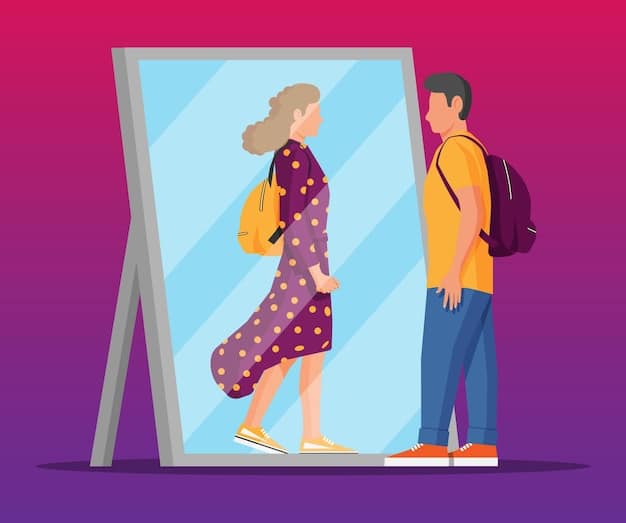 A person looking at their reflection in a mirror, but instead of seeing themselves, they see a younger version of themselves, symbolizing self-acceptance and self-forgiveness. The lighting is soft and warm, creating a sense of introspection and healing.