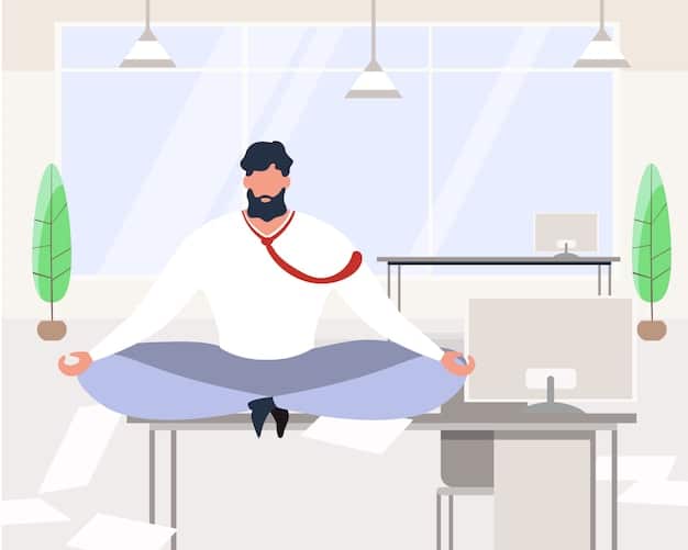 A person practicing deep breathing exercises in a quiet office, symbolizing stress relief and emotional regulation in a professional setting.