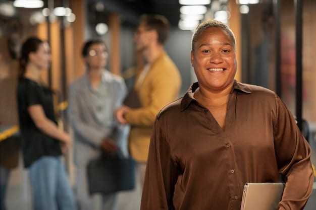 A person smiling and confidently using their identified strengths in a work setting, possibly leading a presentation or mentoring a colleague. The scene emphasizes the practical application of strengths and their positive impact on professional performance and satisfaction.