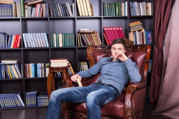 A person is sitting comfortably in an armchair, surrounded by stacks of books and a warm lamp. They are deeply engrossed in a book, with a look of curiosity and engagement on their face. The scene is cozy and inviting, highlighting the joy of reading and learning.