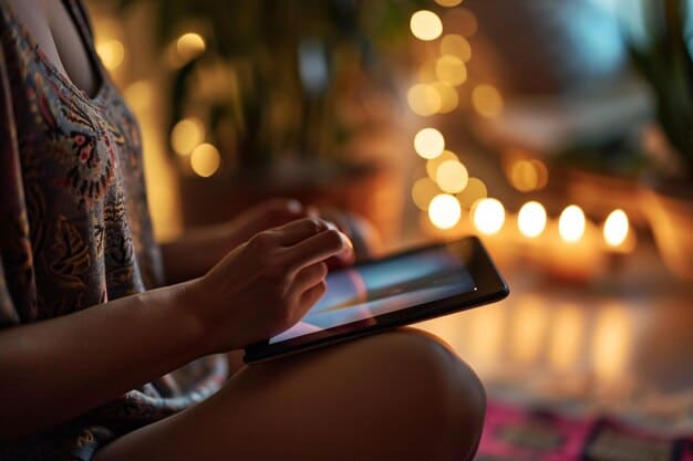 A person using a meditation app on their tablet in a quiet and peaceful room, with soft lighting and calming colors. The image should convey the idea of using technology to enhance mindfulness.