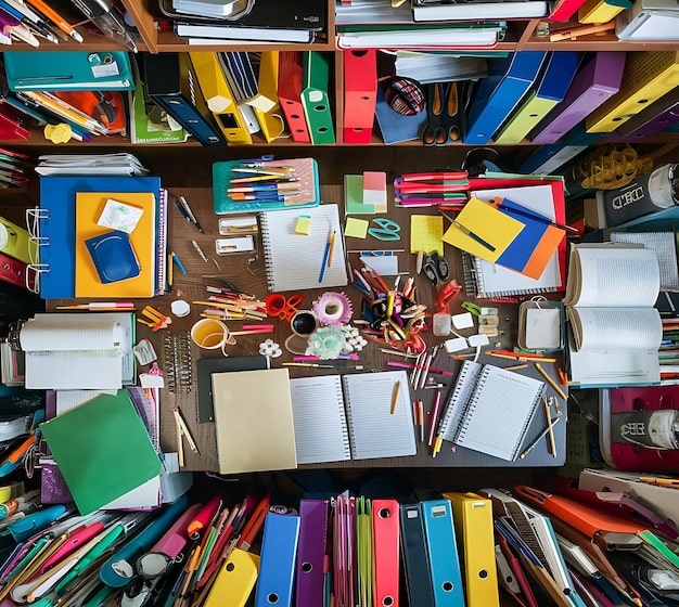 A cluttered desk overflowing with papers, books, and office supplies. The image conveys a sense of chaos and disorganization.
