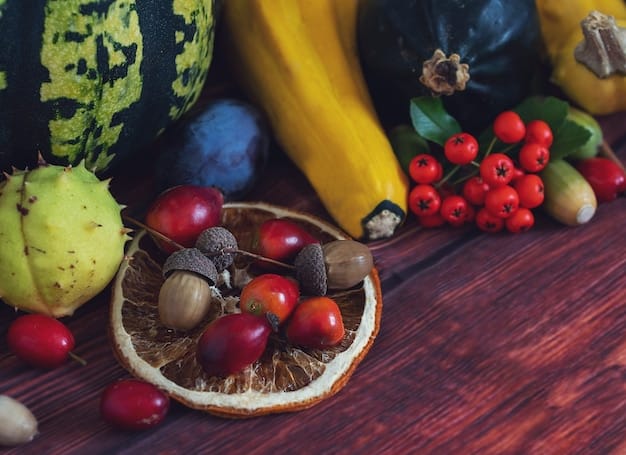 A close-up shot of various colorful fruits and vegetables arranged artfully on a wooden surface. The image emphasizes the natural textures and vibrant colors, highlighting a variety of whole foods.