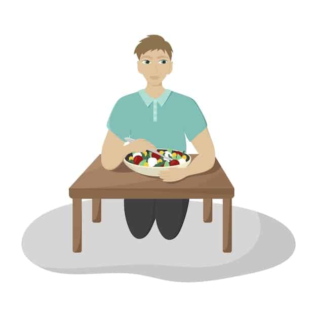 A person sitting cross-legged on a cushion, eyes closed, with a single, perfectly arranged plate of food in front of them. The setting suggests a calm, minimalist environment.