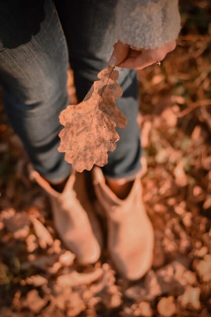 A close-up shot of feet walking on a path covered in fallen leaves, symbolizing the connection between the body and the earth during mindful walking.