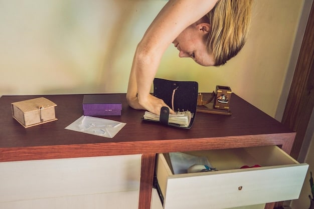 A close-up of a person mindfully decluttering a drawer, carefully selecting items to keep and donate, focusing on intention and purpose.