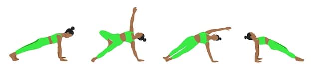 A side view of a person in perfect plank pose, with a straight line from head to heels and shoulders directly over wrists. A green line highlights the correct alignment.
