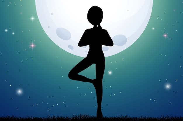 A graphic showing a silhouette of a person in a various relaxation yoga poses against a starry night background, illustrating the calming effects of yoga on the body.