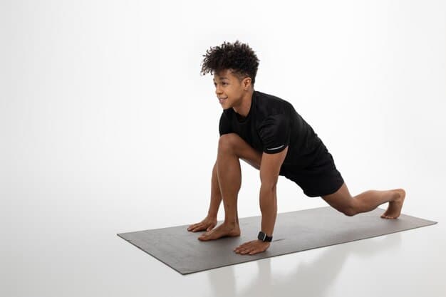 An athlete in a yoga studio, demonstrating proper form for Child's Pose. The athlete is kneeling with their forehead resting on the mat, arms extended forward. The studio is calm and dimly lit, creating a peaceful atmosphere.