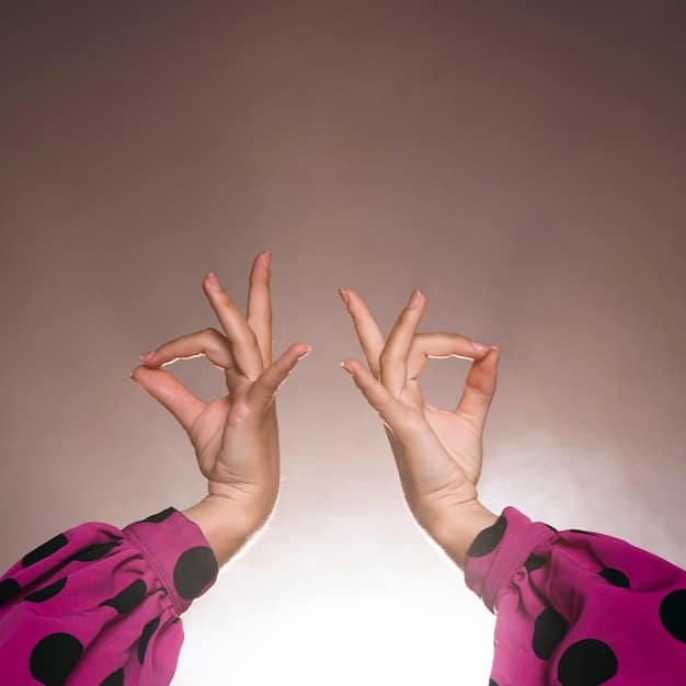 A split image showing two hands in different mudras. On the left, the hands are in Gyan Mudra (thumb and index finger touching). On the right, the hands are in Anjali Mudra (prayer position at the heart center). Both mudras are performed against a blurred background of a yoga studio.