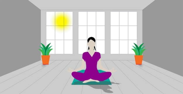 A person doing a yoga pose (mountain pose) on a yoga mat with a intricate geometric design while facing the sun.