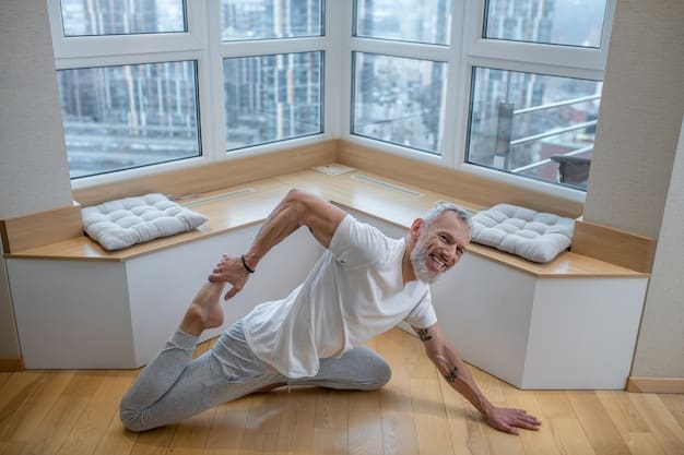 A person in a calming yoga studio executing the Pigeon Pose variation, emphasizing hip flexibility. Soft, diffused light fills the room, creating a serene atmosphere.