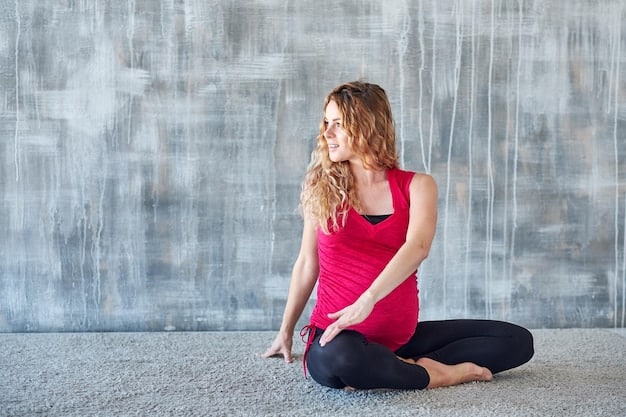 A pregnant woman in her first trimester is carefully performing a seated mountain pose (Parvatasana) with her eyes closed, focusing on her breath. She's sitting on a comfortable yoga mat in a serene indoor space with soft lighting. Her back is straight, and her hands are gently reaching upward, emphasizing the gentle and mindful aspects of prenatal yoga.