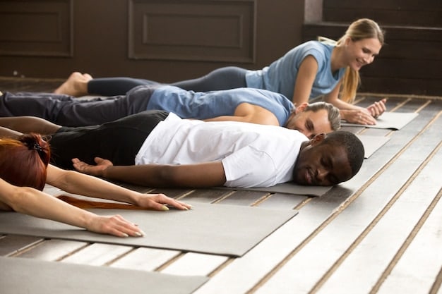 A diverse group of people participating in a Yin yoga class, holding a reclined butterfly pose, with soft, diffused light creating a calm and serene atmosphere that highlights the relaxation and mindfulness of the practice.