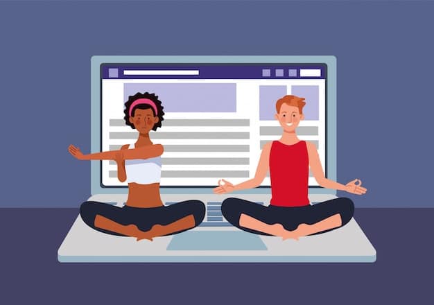 A laptop screen showing a live online yoga class with a diverse group of participants. The instructor is demonstrating a pose and engaging with the students.