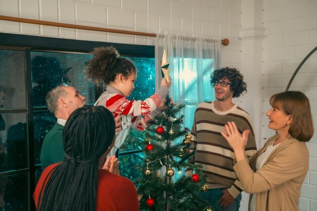 A heartwarming image of a family collaboratively decorating a Christmas tree, each member contributing with smiles and laughter. The image highlights shared responsibilities and joyful teamwork.