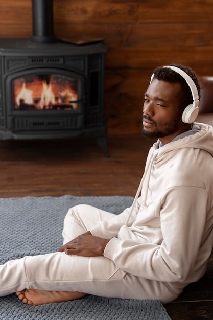 An individual sitting in a relaxed posture, eyes closed, with their hands resting gently on their lap, focused on deep breathing. The setting is a quiet, warmly lit room.