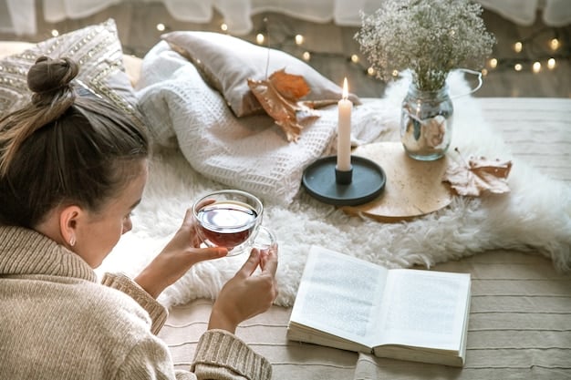 A person meditating peacefully in a cozy, softly lit room decorated with subtle holiday decorations. The image promotes calmness and mindfulness.