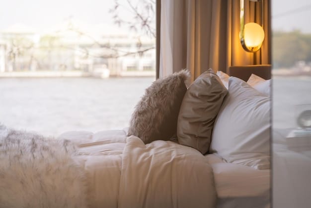 A serene bedroom with soft lighting and comfortable bedding. The scene suggests a peaceful and restful environment conducive to sleep.