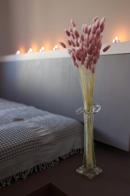 A serene bedroom scene with soft lighting, a comfortable bed, and calming elements like plants and essential oil diffusers, representing an optimized sleep environment.