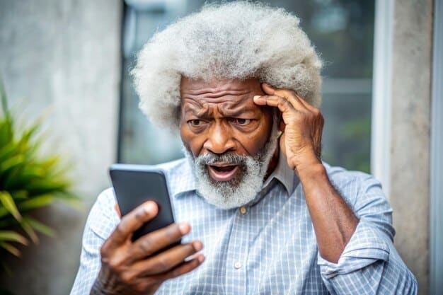 A close-up of a stressed person rubbing their temples while looking at a phone displaying a stream of negative news headlines.
