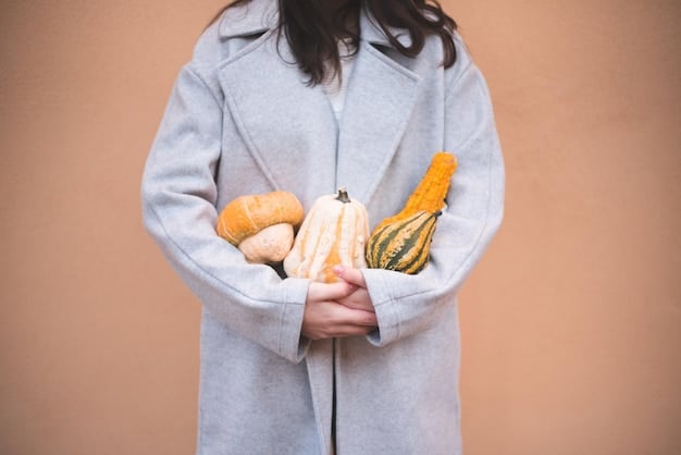 A person holding their stomach in discomfort, with a worried expression. The background is a blurry image of various unhealthy food items.