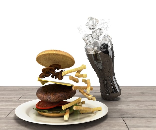 A split image comparing a plate of processed fast food (burgers, fries, soda) on one side with a plate of fresh, whole foods (salad with grilled chicken, avocado, berries) on the other. The contrast should visually emphasize the difference between a diet that promotes stress and one that supports well-being.