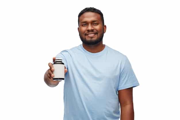 A person holding a bottle of supplements in one hand and a smartphone showing research articles and scientific studies in the other hand. The image highlights the importance of researching supplements and relying on credible sources of information.