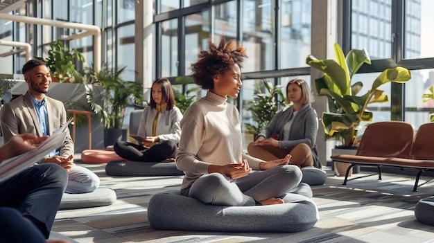 A diverse group of professionals in a modern office setting pauses for a guided meditation session. They are seated comfortably in their chairs, eyes closed, and focusing on their breath. The scene conveys a sense of calm and unity amidst the busy workday.