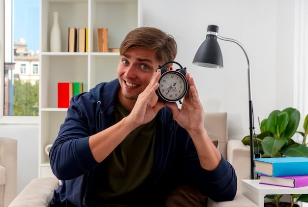 A person setting an alarm clock for the same time every morning, indicating a consistent wake-up routine and emphasizing the importance of a regular sleep schedule.