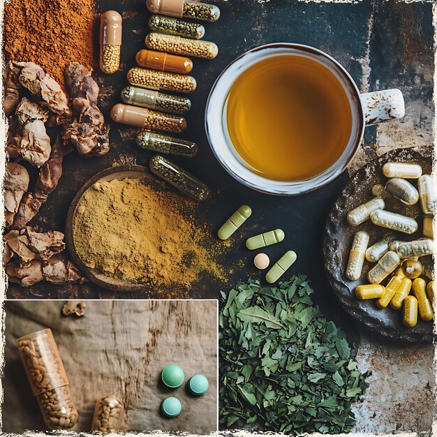 A collage showcasing various evidence-based stress supplements, including L-Theanine (green tea extract), Ashwagandha (root), Magnesium (pills), and Omega-3 (fish oil capsules), with their names clearly labeled.
