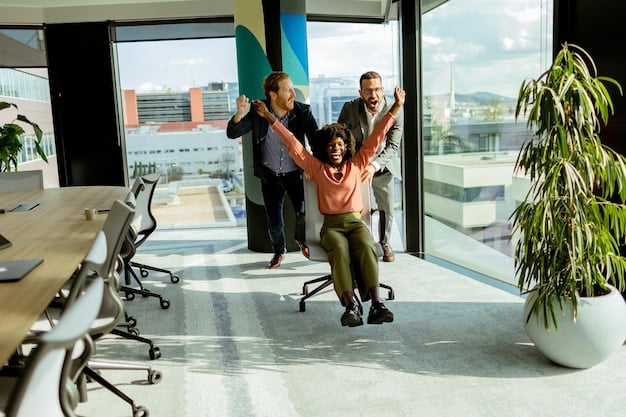 A diverse group of colleagues stretching together in a bright, modern office space during a break, promoting wellness and teamwork. They are all smiling and appear relaxed as they participate in the stretching routine.