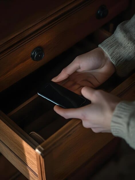 A person's hands placing a smartphone in a drawer along with keys and a wallet, symbolizing disconnecting from technology.