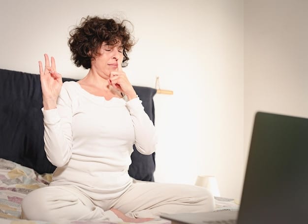 A person sitting comfortably in bed, practicing deep breathing exercises with their eyes closed and a peaceful expression on their face. The image showcases a serene and mindful approach to managing morning anxiety.