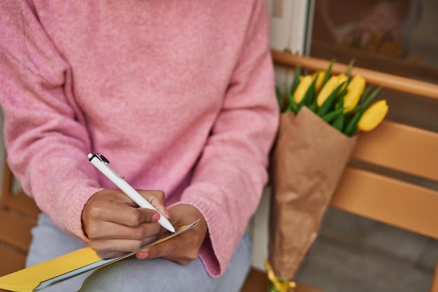 A person writing in a planner or notebook, outlining their tasks for the day with a calm and organized approach. The image demonstrates the process of setting realistic goals and managing time effectively.