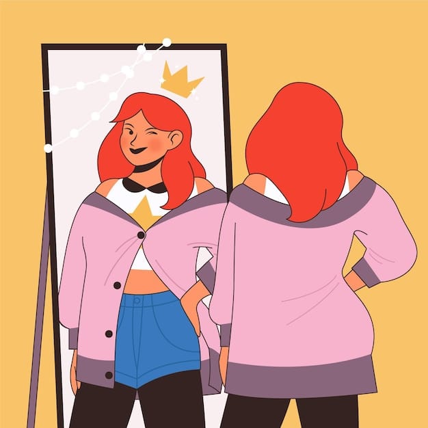 A person looking in a mirror, with a reflection showing a confident and empowered version of themselves.