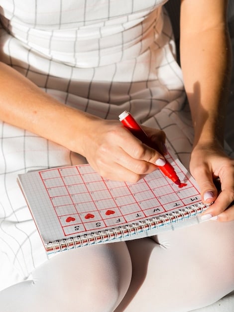 A person using a calendar or planner, marking off completed tasks with a pen or highlighter. The calendar has various dates and tasks written on it.