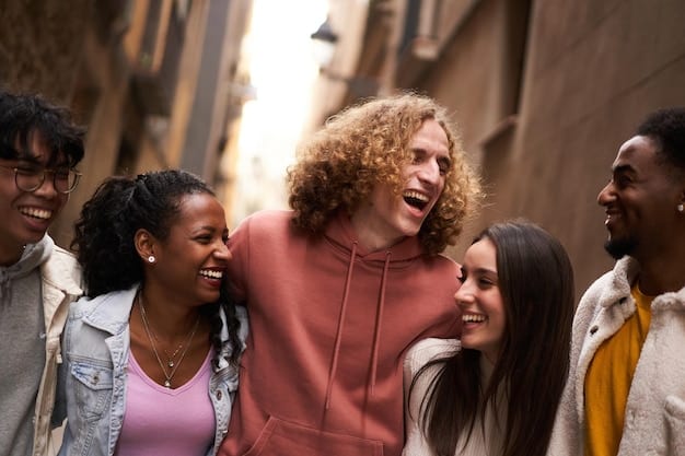 A group of diverse people laughing and supporting each other, arms around shoulders, in a bright, collaborative workspace, representing the benefits of a supportive community in overcoming limitations.