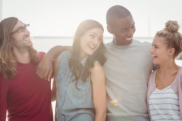 A group of friends laughing and hugging, representing strong social connections and shared gratitude. The scene evokes feelings of warmth and belonging.