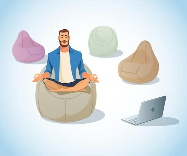 A person sitting in a comfortable chair, peacefully meditating with closed eyes, surrounded by soft, natural light and calming colors, to visualize the benefits of mindfulness and self-reflection in personal growth.