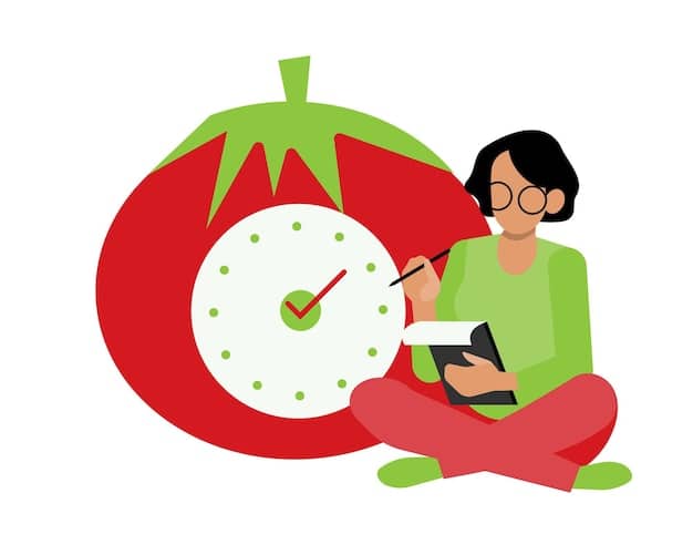 An illustration of a person using the Pomodoro Technique, with a visual timer and focused workspace, emphasizing concentration and short breaks to enhance productivity.