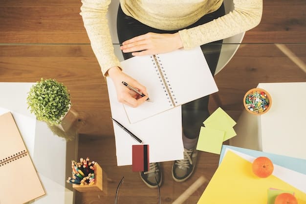 A person sitting at a desk, using a planner to organize their tasks and goals, with sticky notes and other organizational tools visible. The setting is a bright and organized home office.