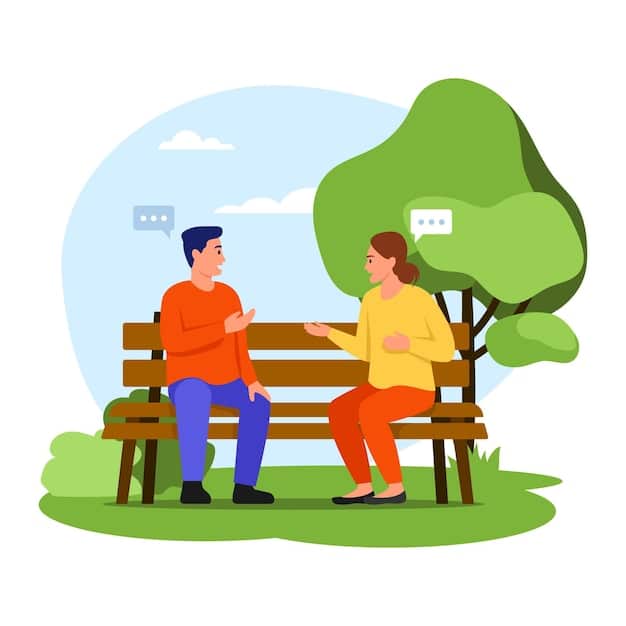 Two people sitting on a park bench, engaged in a deep and empathetic conversation, showing genuine connection and understanding.