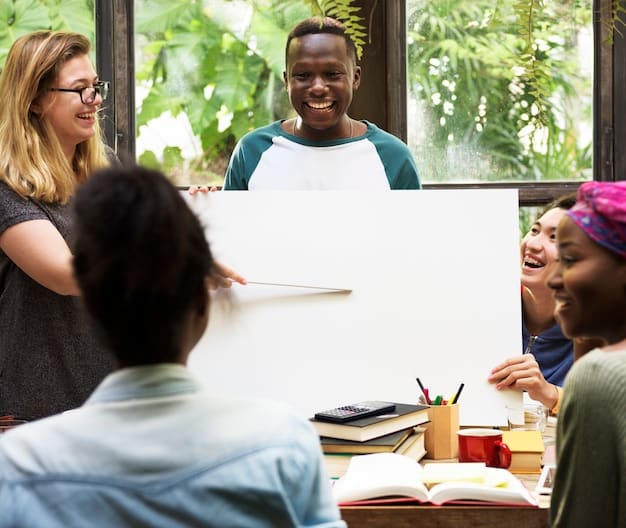 A diverse group of people around a table, enthusiastically engaged in a brainstorming session, with sticky notes covering a whiteboard and lively discussion.