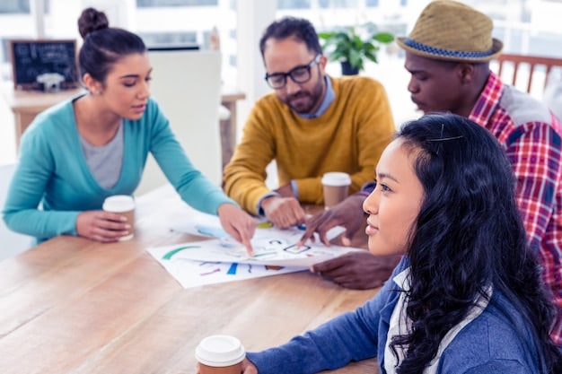 A diverse group of people collaborating on a project, showing teamwork and shared learning. They are brainstorming ideas and supporting each other, reinforcing the concept of growth through collaboration.