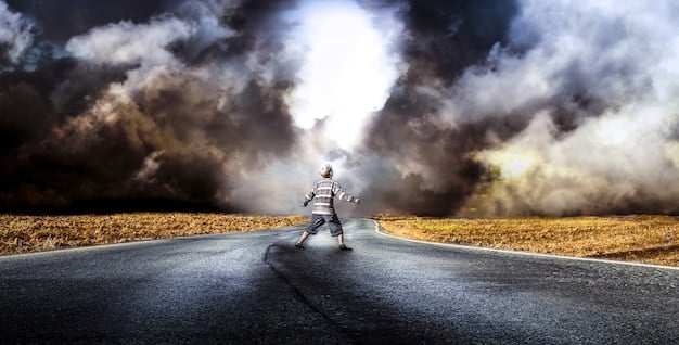 A winding road leading up a mountain, with sunlight breaking through the clouds, symbolizing challenges overcome and success achieved through perseverance and visualization.