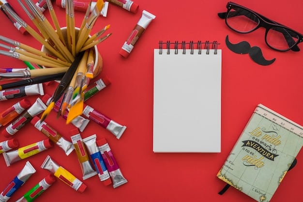 A collage with various images related to creativity, such as painting supplies, a notebook with sketches, a colorful Rubik's Cube, and a person playing a musical instrument. The collage represents diverse creative outlets.