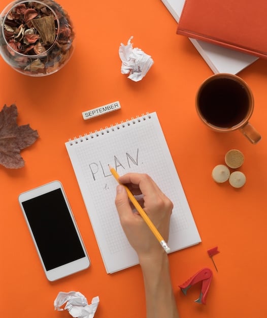 A person writing down SMART goals on a notepad, surrounded by motivational items like a vision board, a plant, and a cup of coffee. The lighting is natural and the atmosphere is productive and organized.