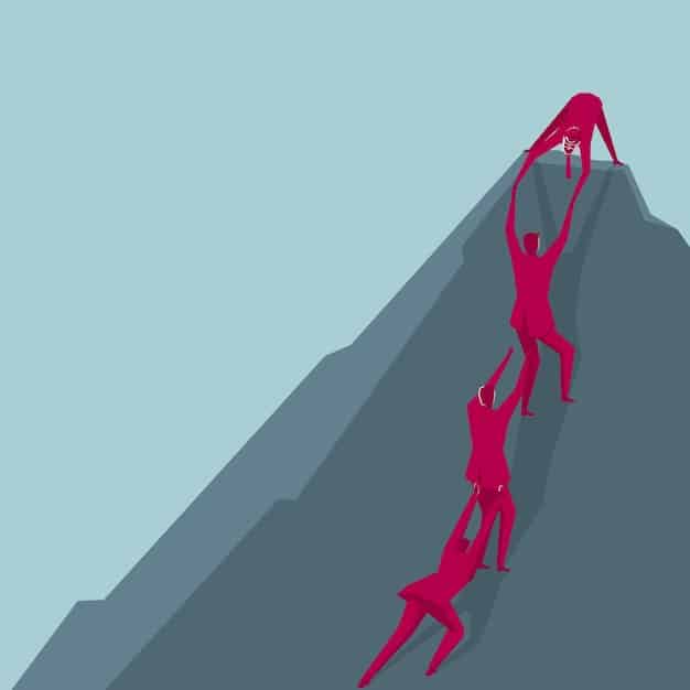 A person climbing a steep mountain path, reaching out to help another climber. The scene conveys resilience, teamwork, and overcoming challenges with determination.