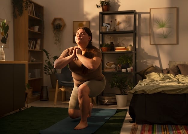 A person practicing yoga in a dimly lit room before bed. The focus is on the calm and peaceful environment.